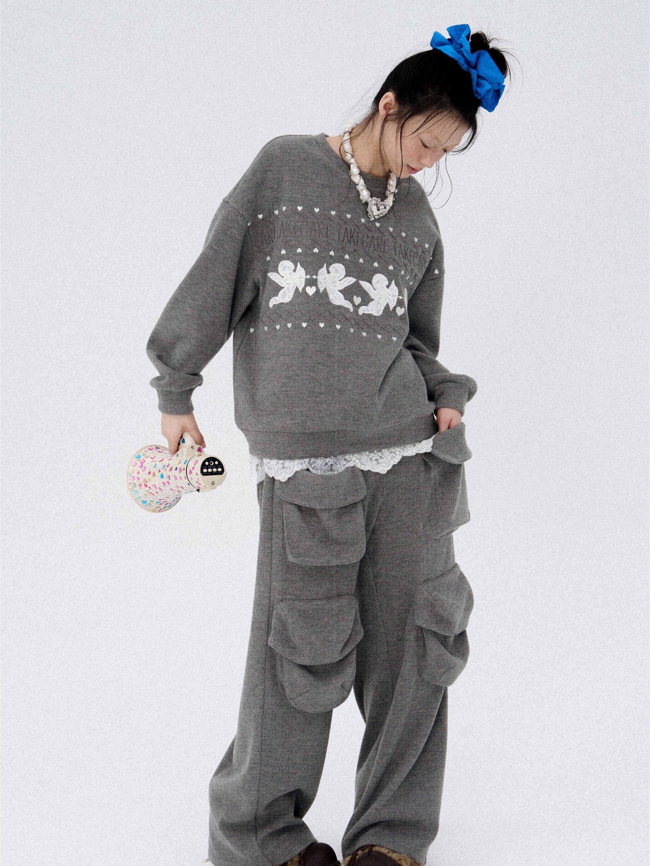 Embroidered Multi-Pocket Heavyweight Straight-Leg Sweatpants Casual Style