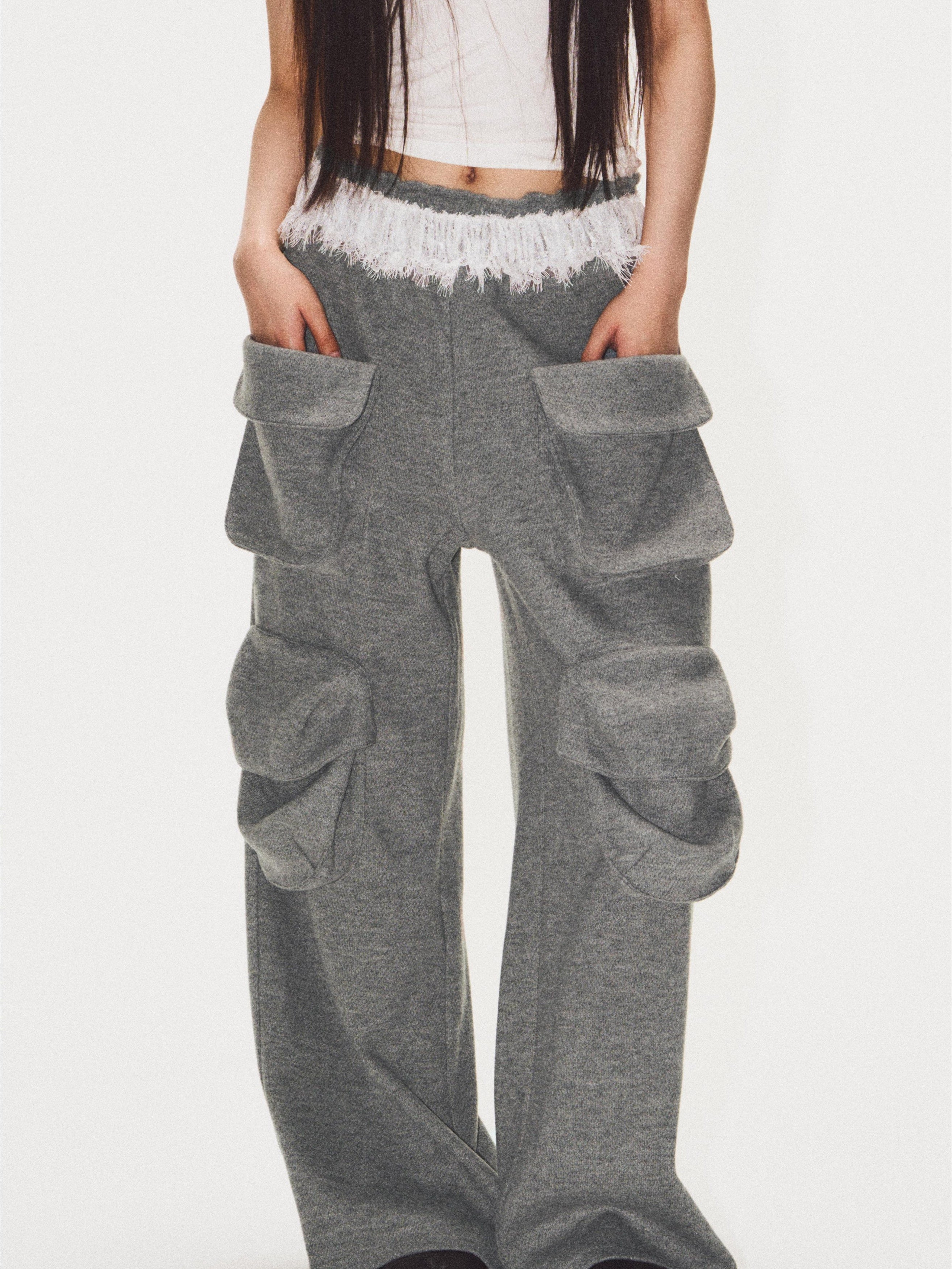 Embroidered Multi-Pocket Heavyweight Straight-Leg Sweatpants Casual Style