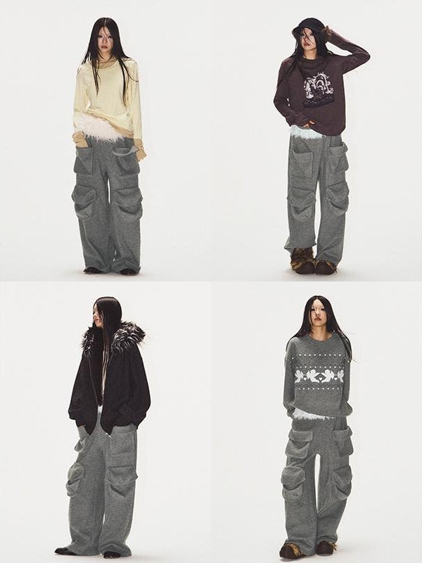 Embroidered Multi-Pocket Heavyweight Straight-Leg Sweatpants Casual Style