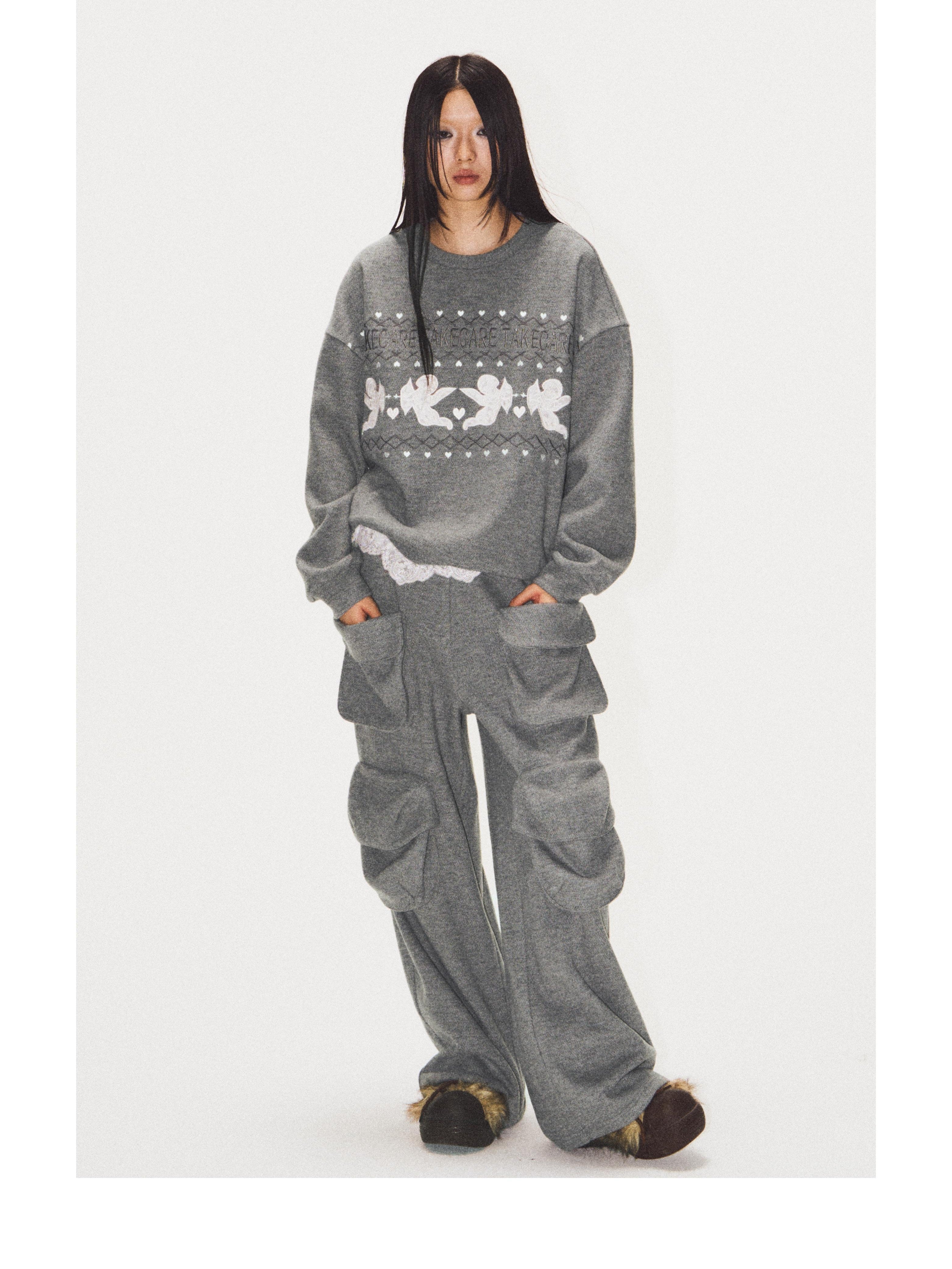 Embroidered Multi-Pocket Heavyweight Straight-Leg Sweatpants Casual Style