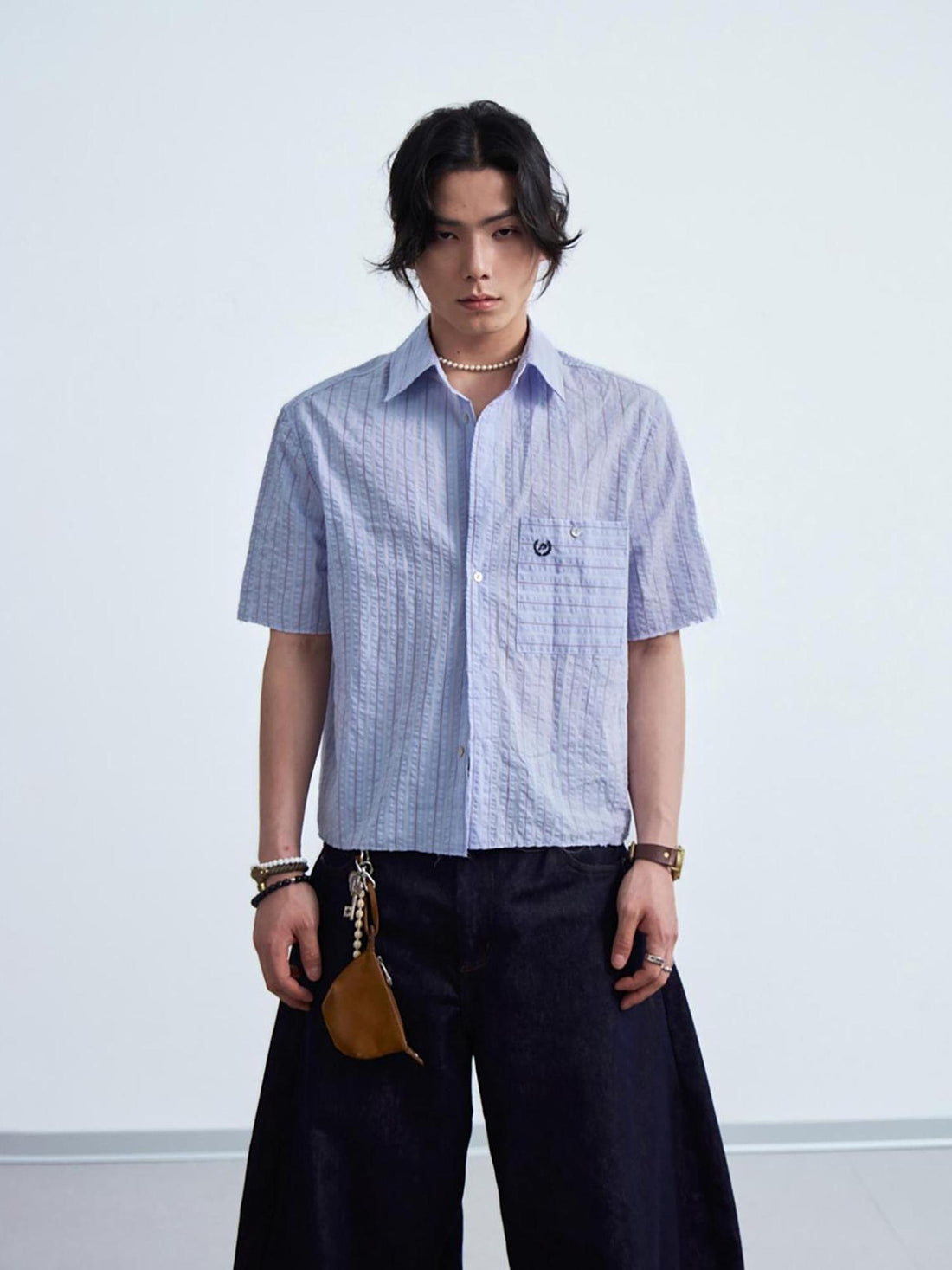 Peoplesense Embroidered Striped Short Sleeve Shirt Unisex Loose Fit Light Blue