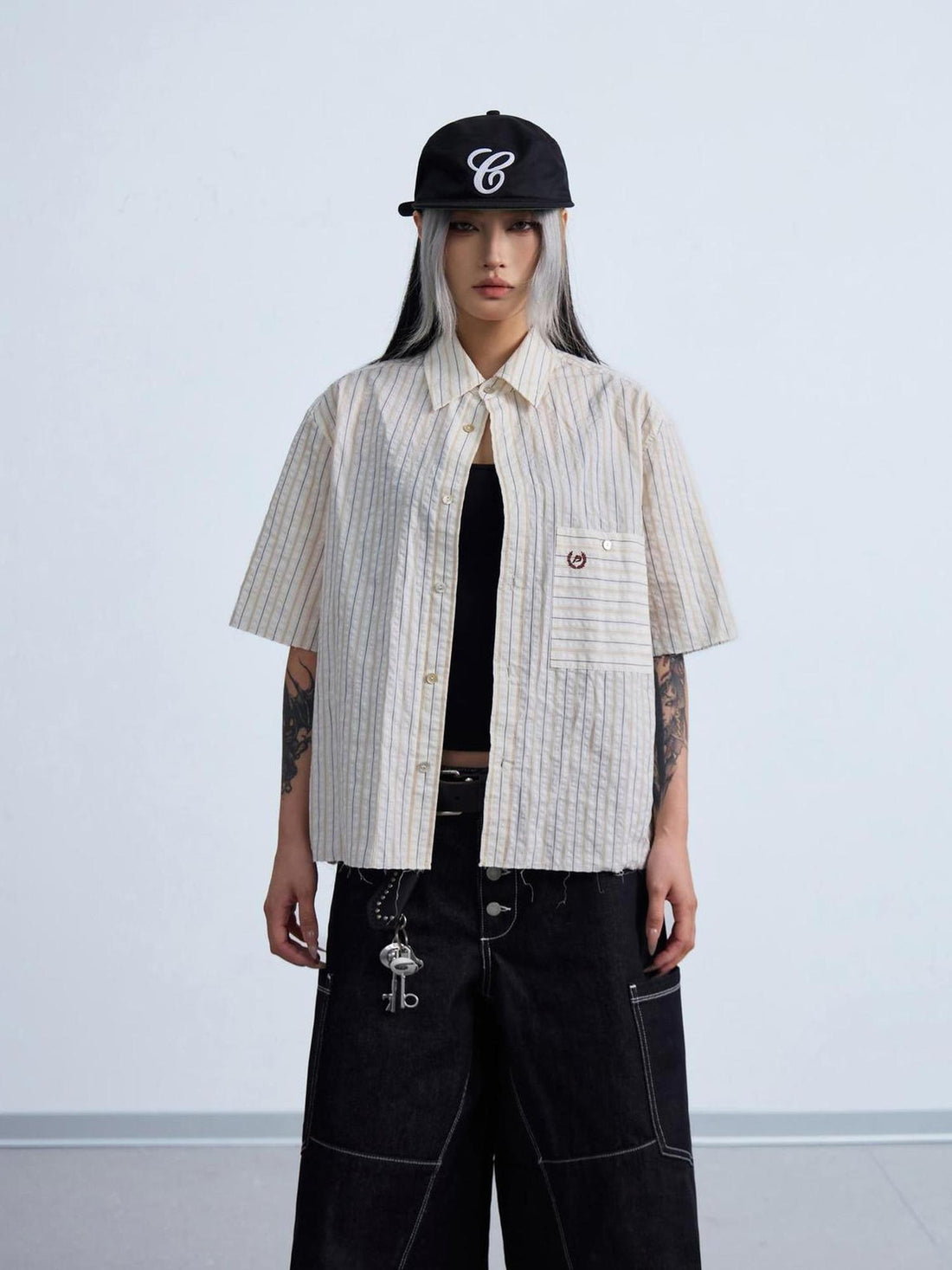 Peoplesense Embroidered Striped Short Sleeve Shirt Unisex Loose Fit Light Blue