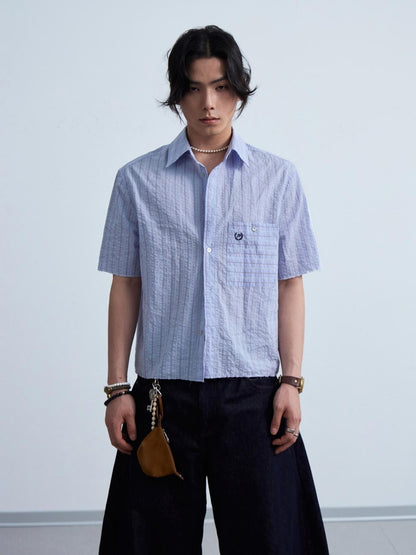 Peoplesense Embroidered Striped Short Sleeve Shirt Unisex Loose Fit Light Blue