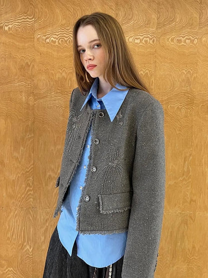 Embroidered Tweed Short Jacket With Beaded Fireworks