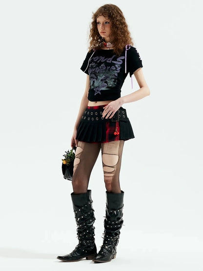 Emoha Adjustable Off Shoulder Punk Y2k Ribbon Print T-shirt