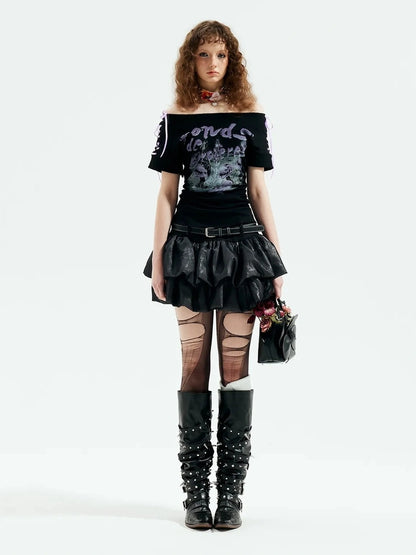 Emoha Adjustable Off Shoulder Punk Y2k Ribbon Print T-shirt