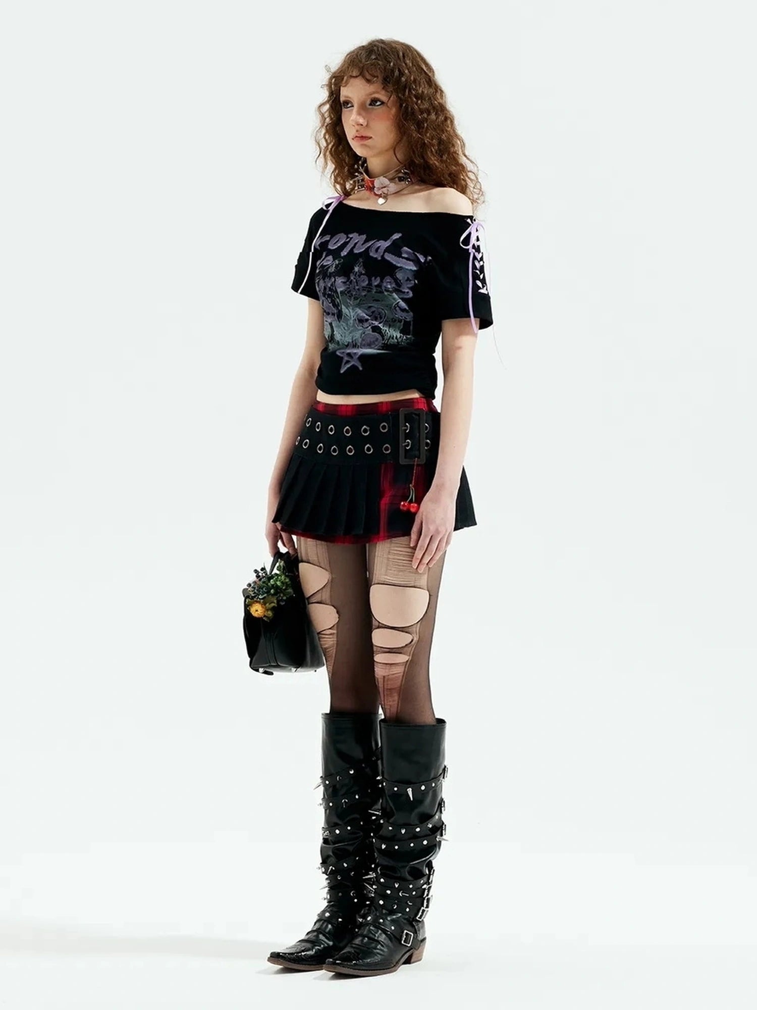 Emoha Adjustable Off Shoulder Punk Y2k Ribbon Print T-shirt