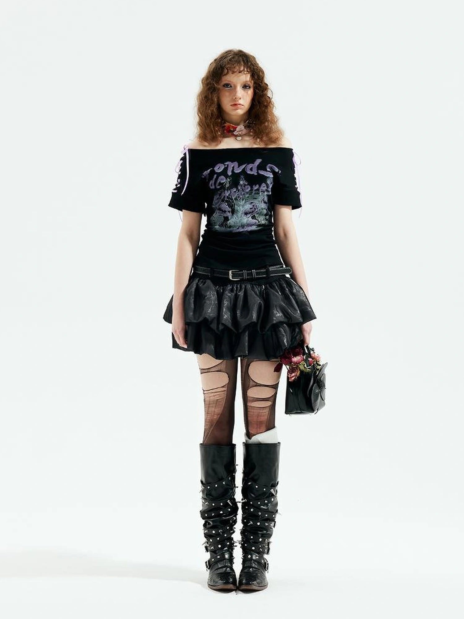 Emoha Adjustable Off Shoulder Punk Y2k Ribbon Print T-shirt