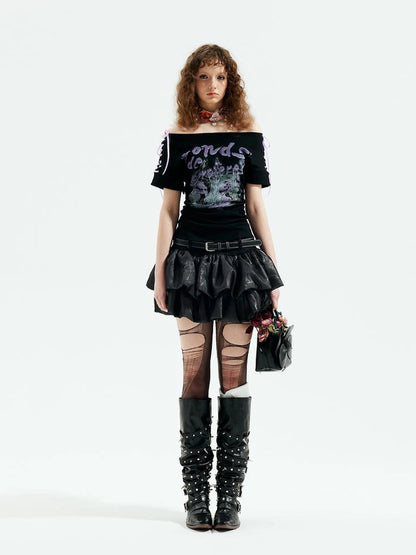 Emoha Adjustable Off Shoulder Punk Y2k Ribbon Print T-shirt