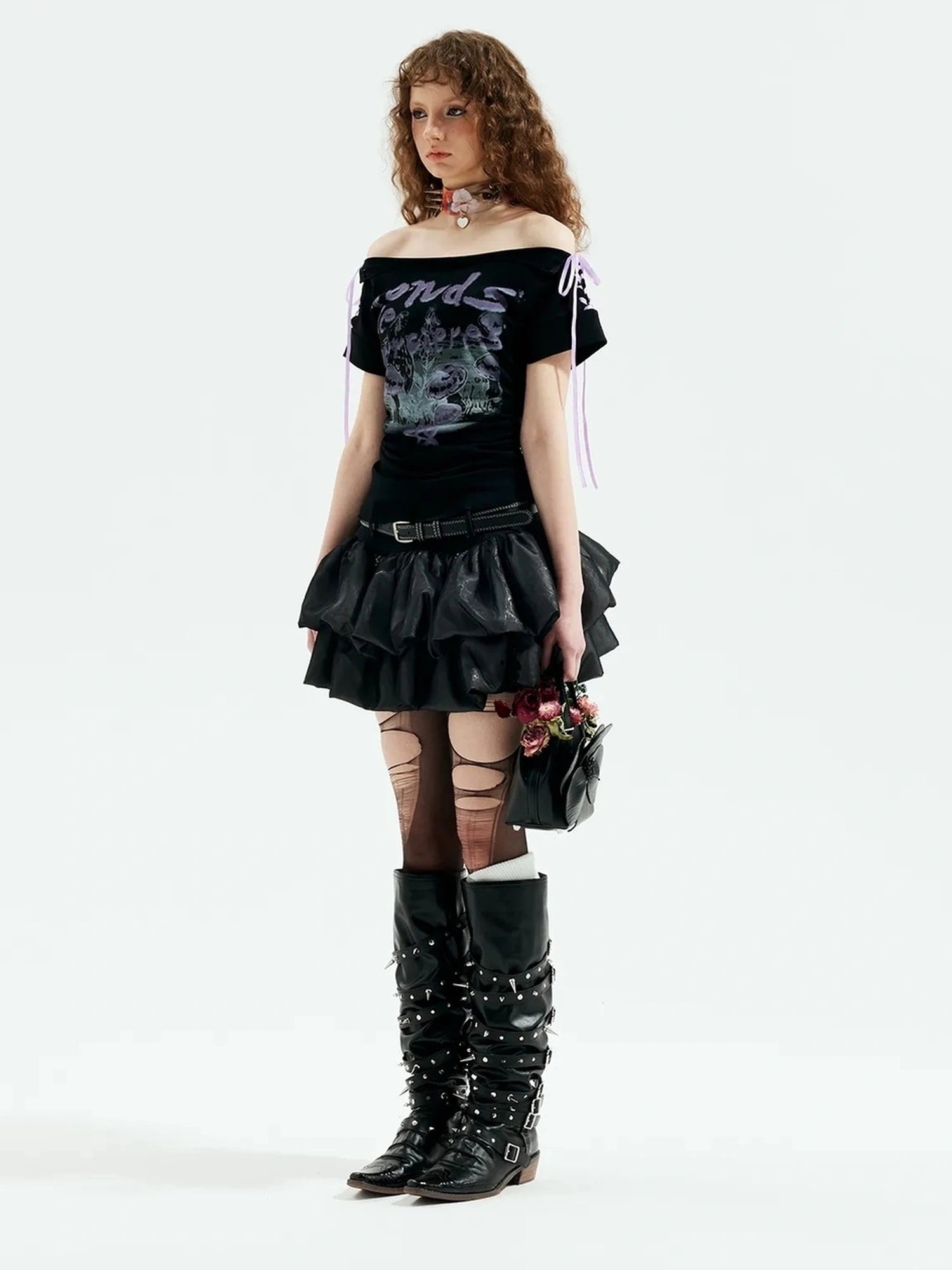 Emoha Adjustable Off Shoulder Punk Y2k Ribbon Print T-shirt