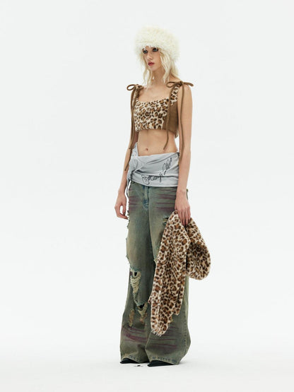 Emoha Apricot Leopard Embroidered Distressed Tie Women&