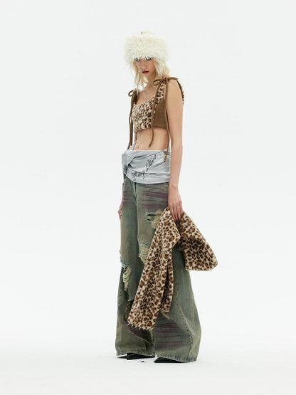 Emoha Apricot Leopard Embroidered Distressed Tie Women&