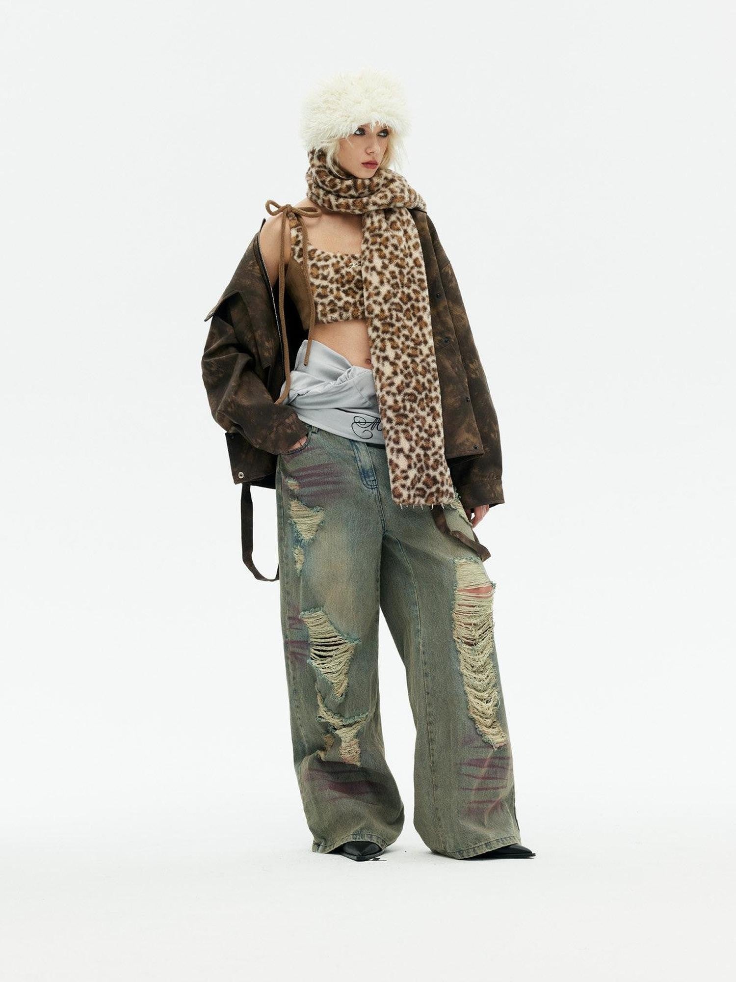 Emoha Apricot Leopard Embroidered Distressed Tie Women&