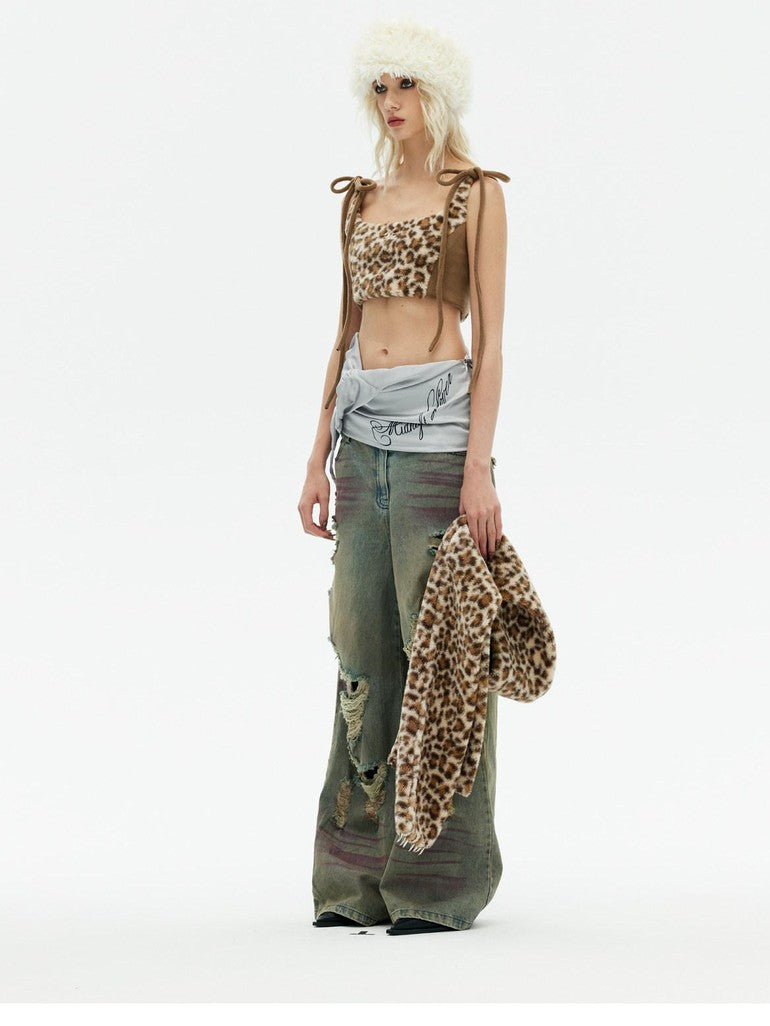 Emoha Apricot Leopard Embroidered Distressed Tie Women&