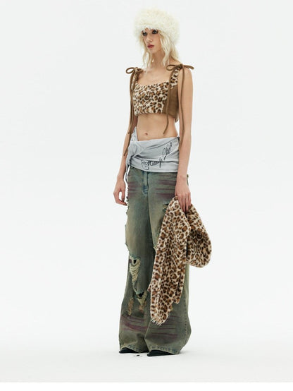 Emoha Apricot Leopard Embroidered Distressed Tie Women&