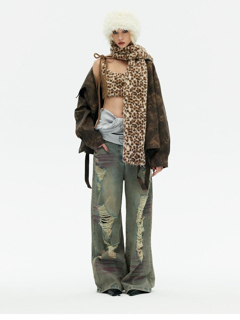 Emoha Apricot Leopard Embroidered Distressed Tie Women&