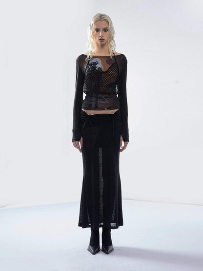 Emoha Balloon Portrait Print Spliced Mesh Sheer Women&