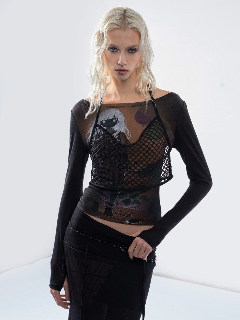 Emoha Balloon Portrait Print Spliced Mesh Sheer Women&