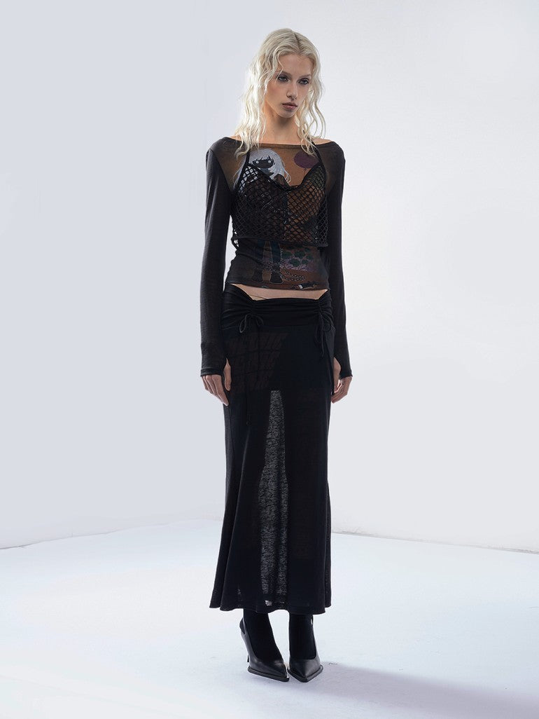 Emoha Balloon Portrait Print Spliced Mesh Sheer Women&
