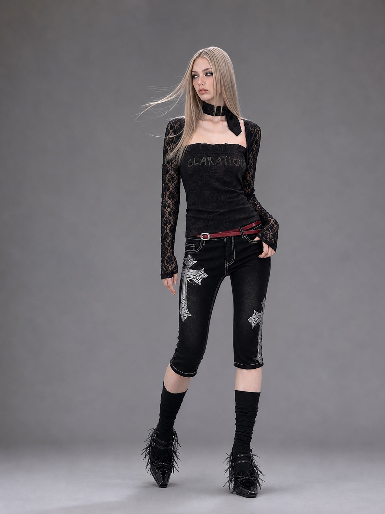Emoha Black Gothic Punk Embroidered Metal Decor Slim Fit Women&