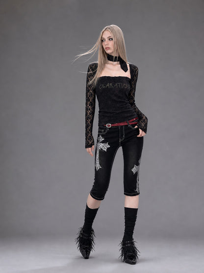Emoha Black Gothic Punk Embroidered Metal Decor Slim Fit Women&