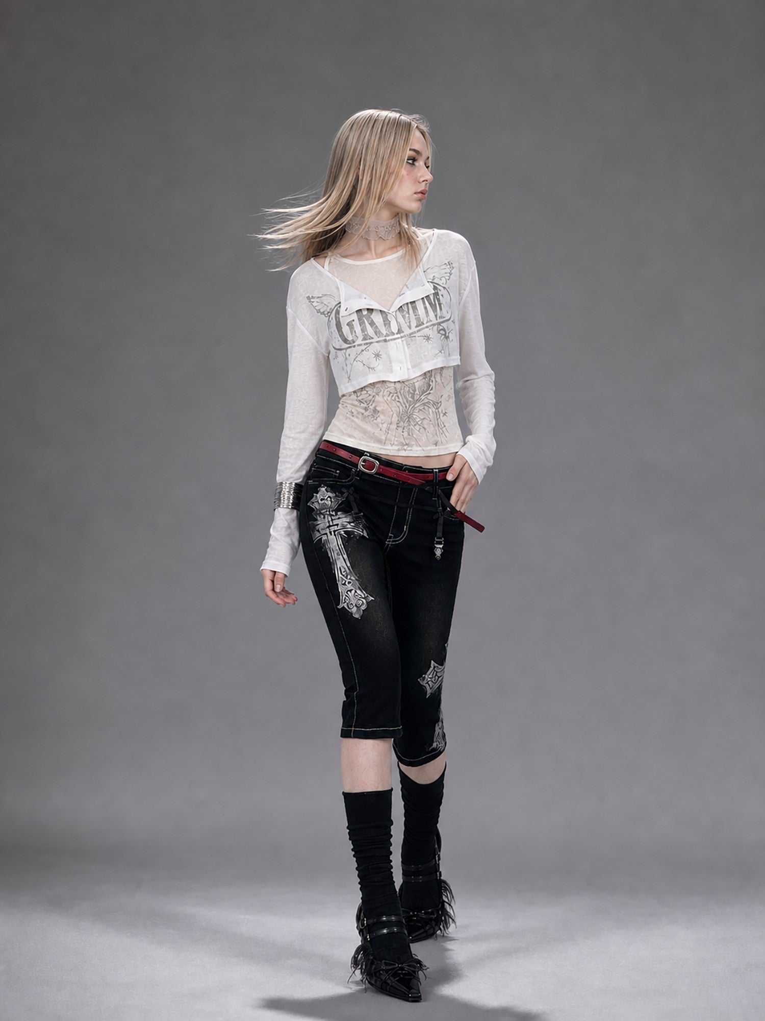 Emoha Black Gothic Punk Embroidered Metal Decor Slim Fit Women&