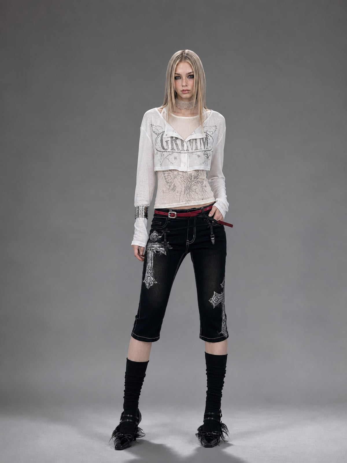 Emoha Black Gothic Punk Embroidered Metal Decor Slim Fit Women&