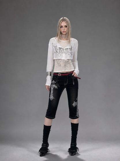 Emoha Black Gothic Punk Embroidered Metal Decor Slim Fit Women&