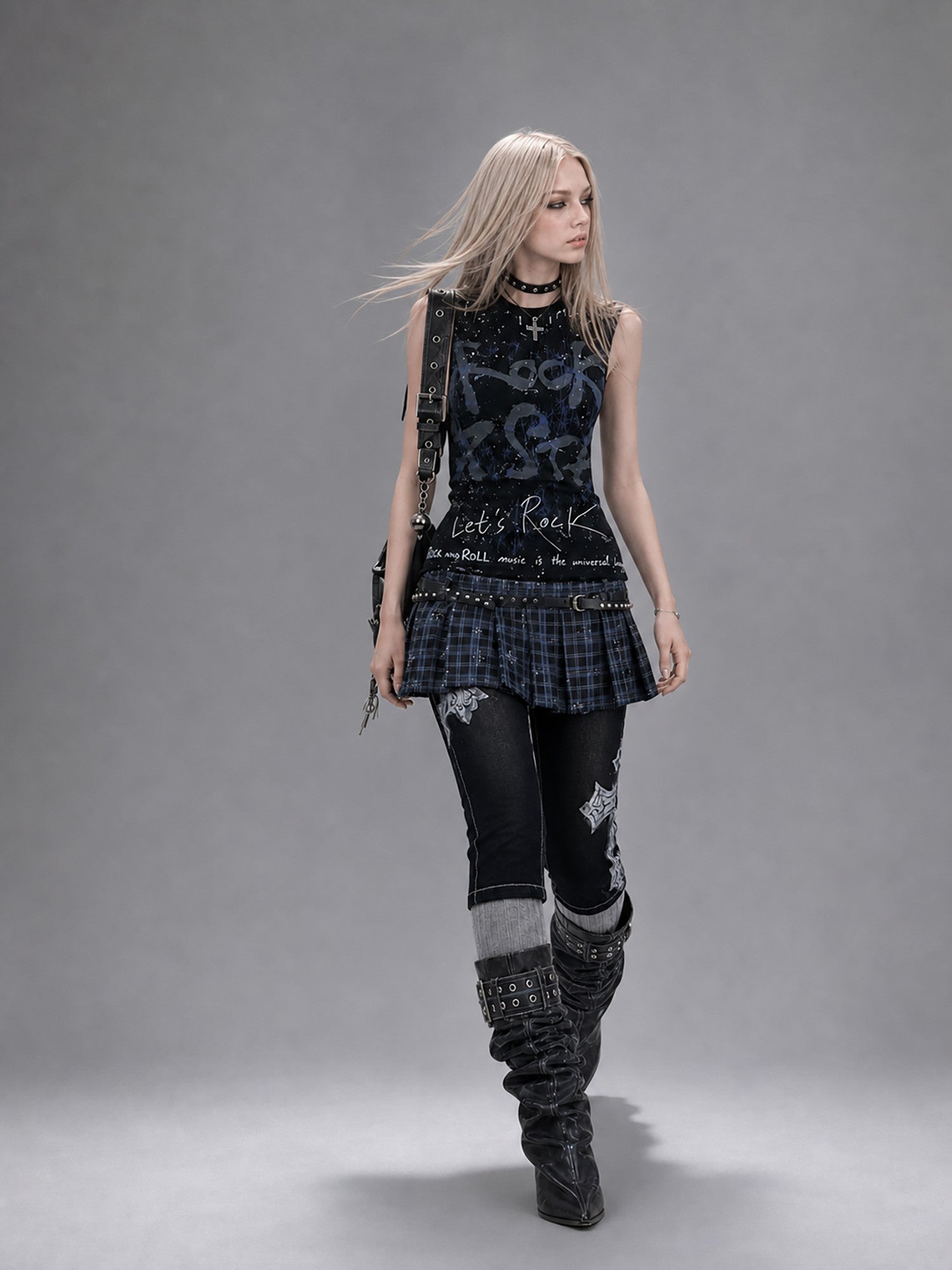 Emoha Black Gothic Punk Embroidered Metal Decor Slim Fit Women&