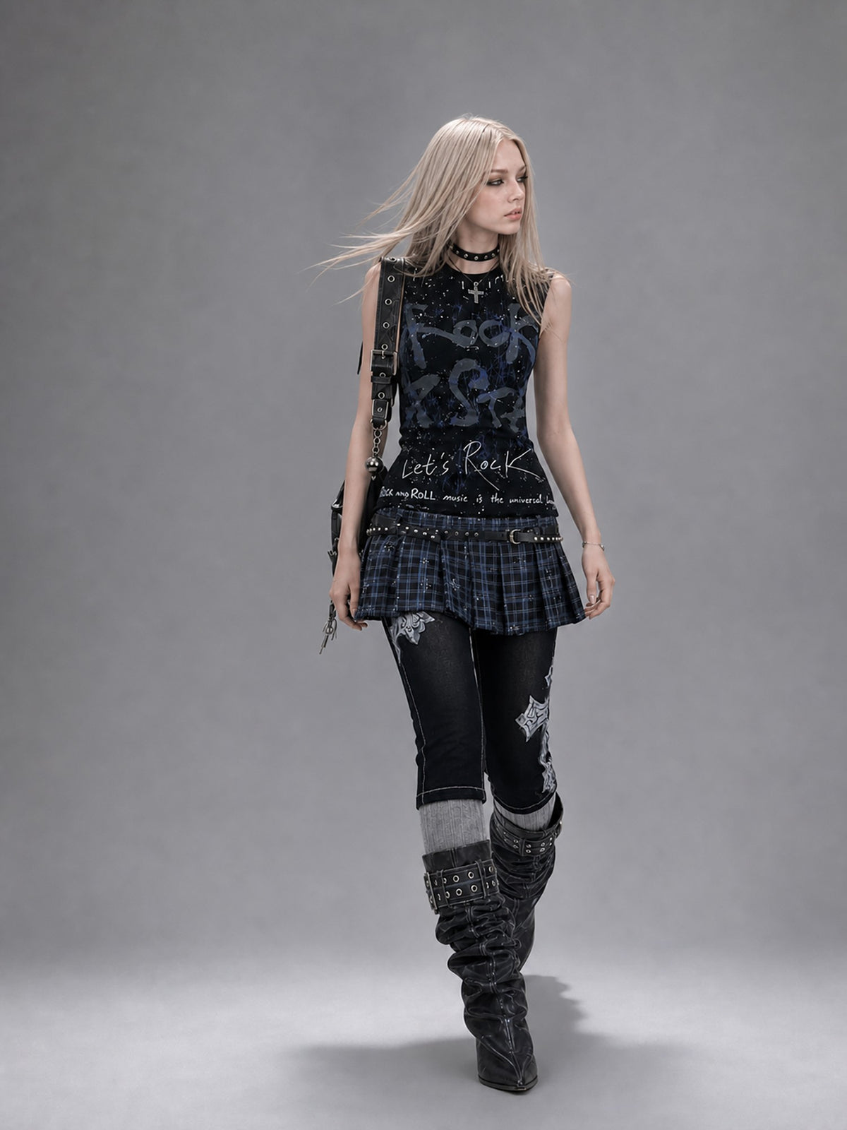 Emoha Black Gothic Punk Embroidered Metal Decor Slim Fit Women&