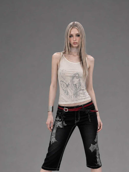 Emoha Black Gothic Punk Embroidered Metal Decor Slim Fit Women&