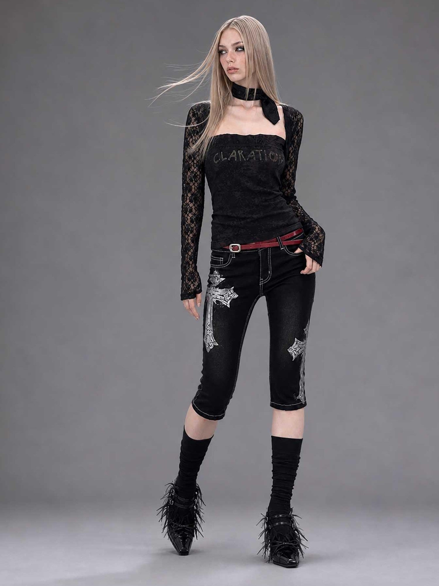 Emoha Black Gothic Punk Embroidered Metal Decor Slim Fit Women&