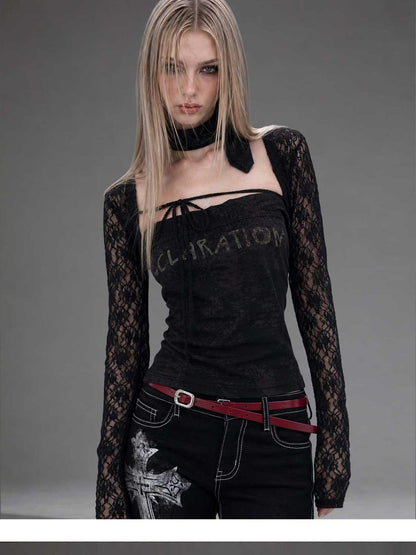 Emoha Black Lace Cutout Square Neck Letter Print Slim Women&