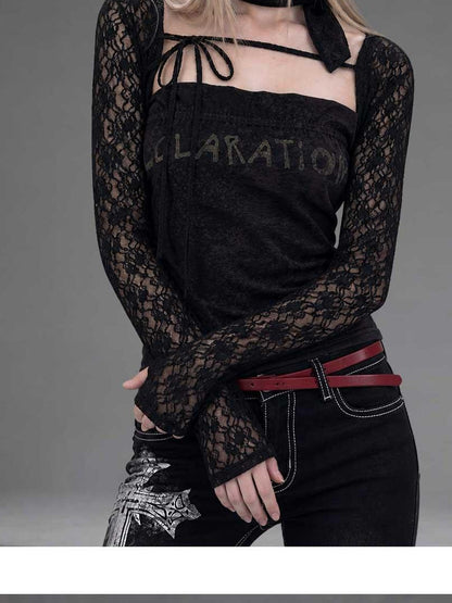 Emoha Black Lace Cutout Square Neck Letter Print Slim Women&