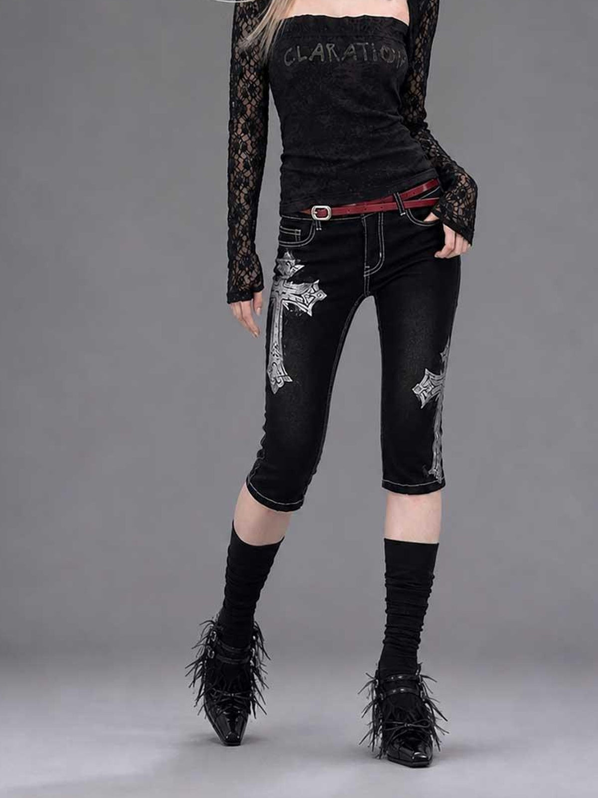 Emoha Black Lace Cutout Square Neck Letter Print Slim Women&