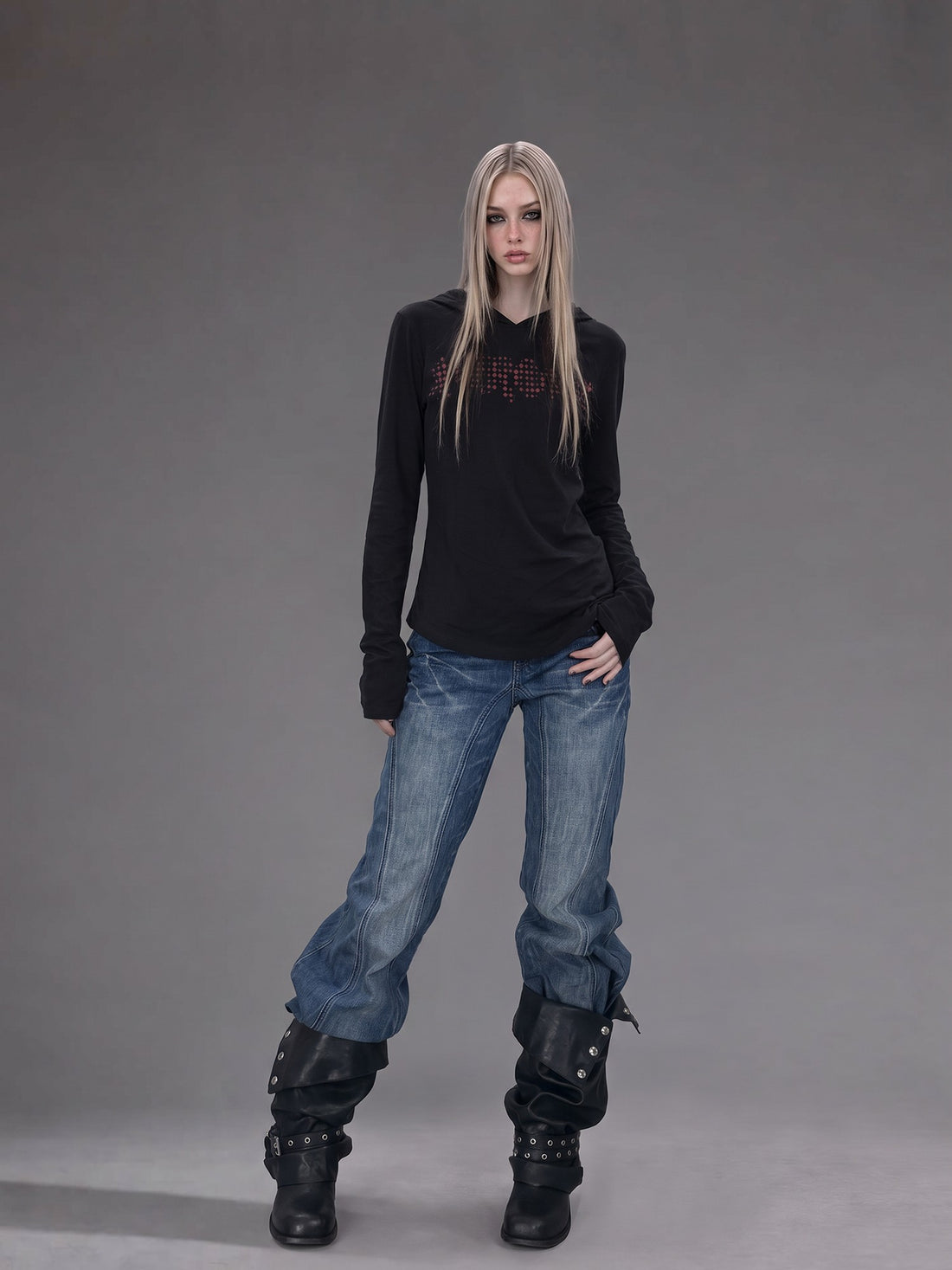 Emoha Black Lace Patchwork Oversized Hooded Long Sleeve Women&