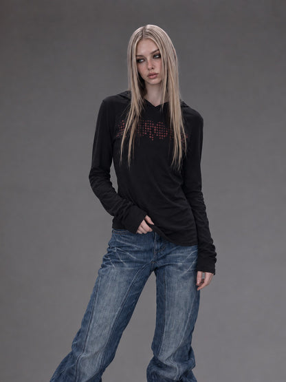 Emoha Black Lace Patchwork Oversized Hooded Long Sleeve Women&