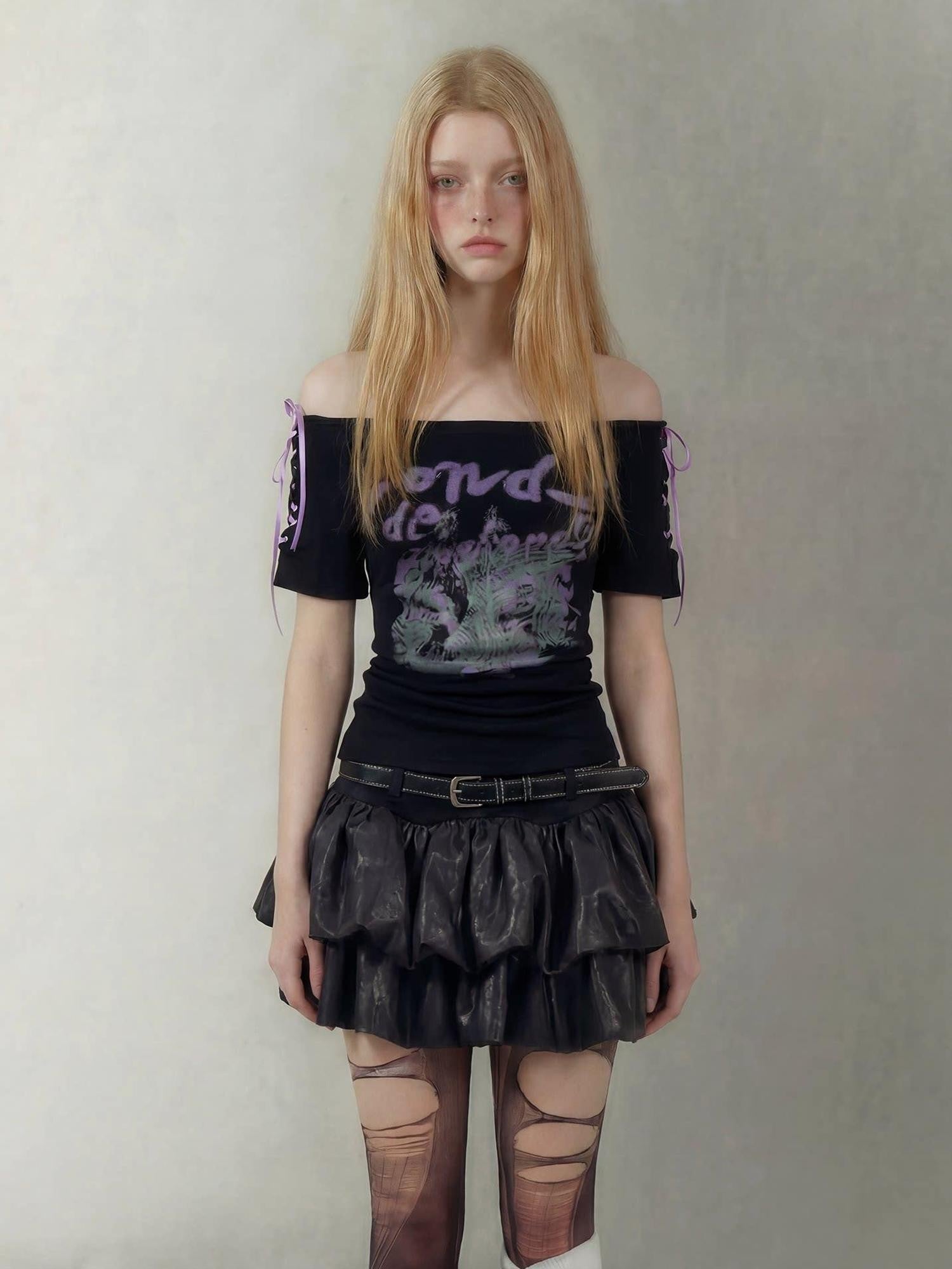 Emoha Black Lace Up One Shoulder Letter Print Women&