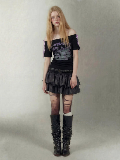 Emoha Black Lace Up One Shoulder Letter Print Women&