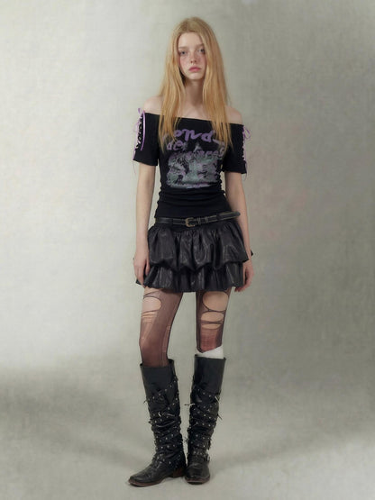 Emoha Black Lace Up One Shoulder Letter Print Women&