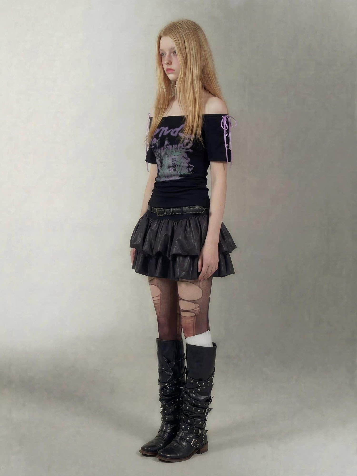 Emoha Black Lace Up One Shoulder Letter Print Women&