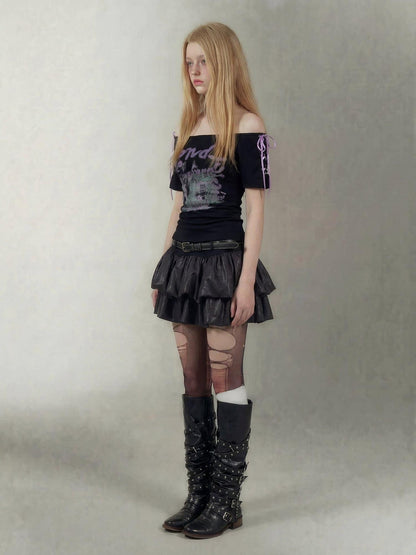 Emoha Black Lace Up One Shoulder Letter Print Women&
