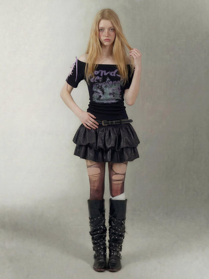 Emoha Black Lace Up One Shoulder Letter Print Women&