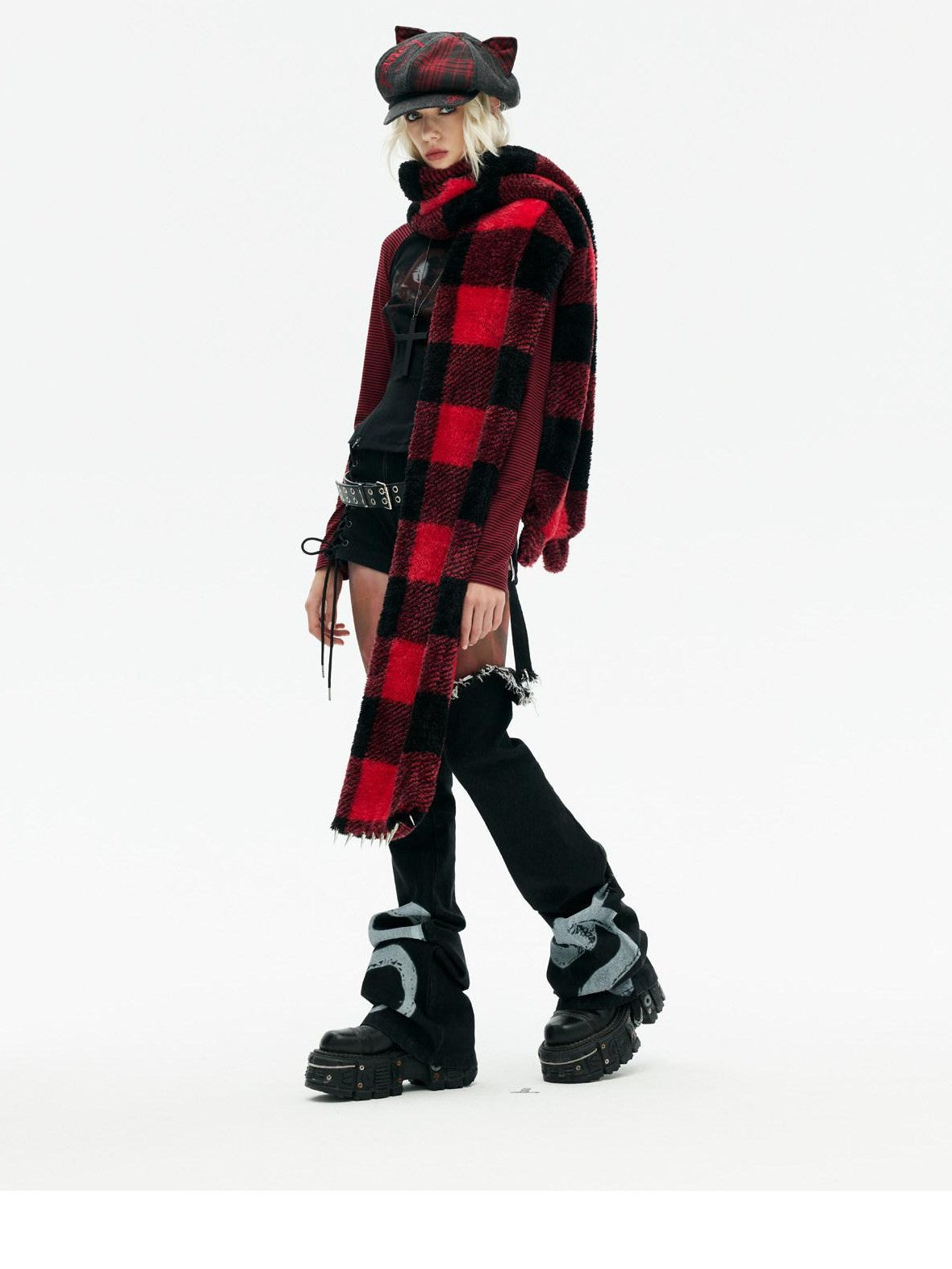 Emoha Black Red Stripe Punk One Shoulder Zipper Women&