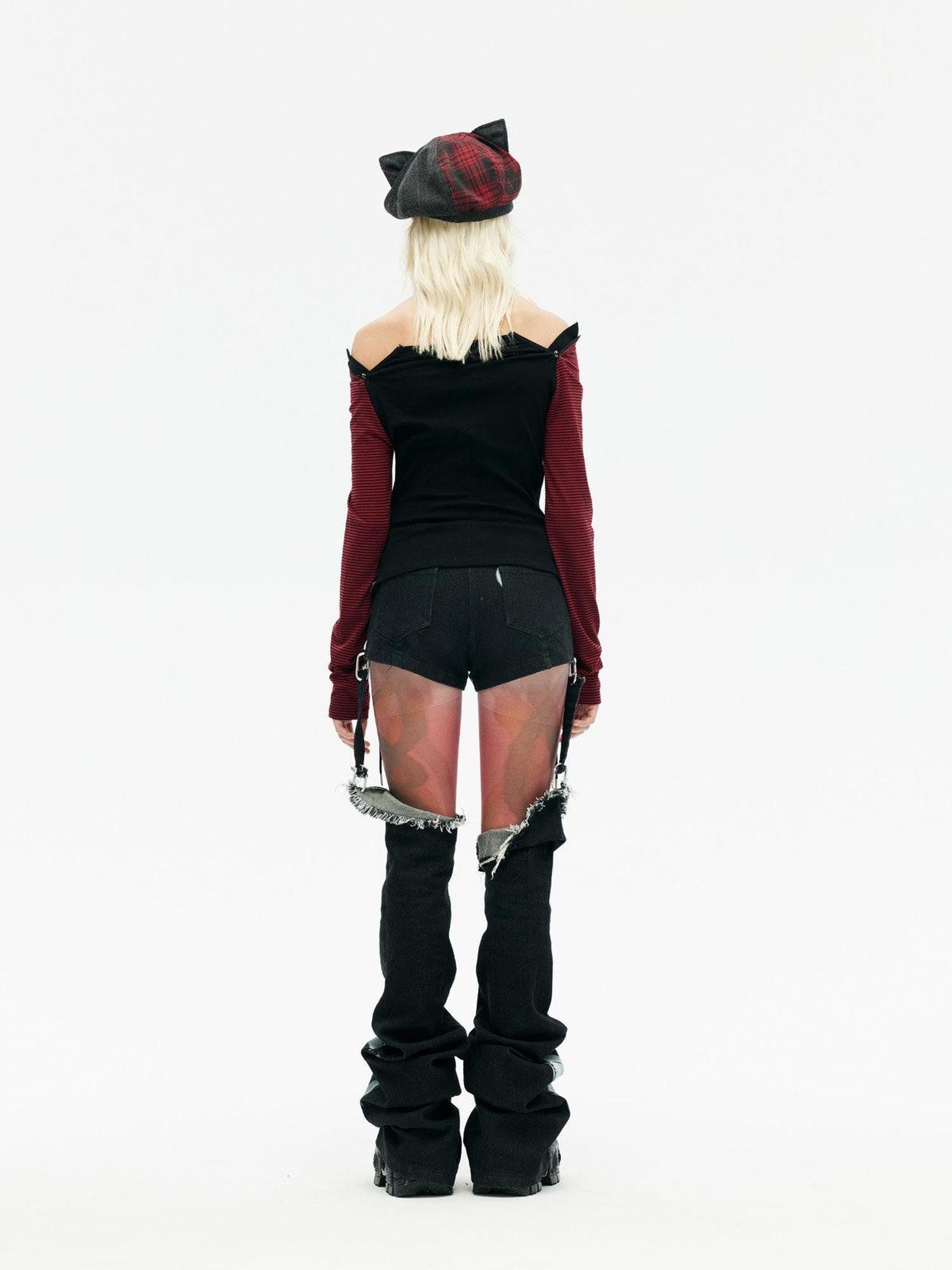 Emoha Black Red Stripe Punk One Shoulder Zipper Women&