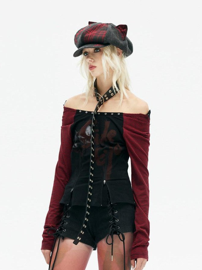 Emoha Black Red Stripe Punk One Shoulder Zipper Women&