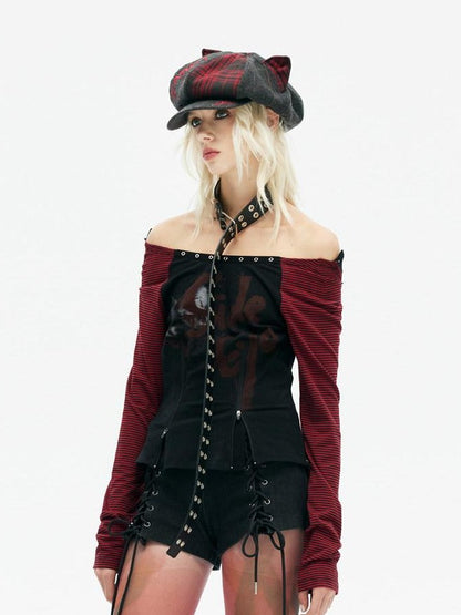 Emoha Black Red Stripe Punk One Shoulder Zipper Women&