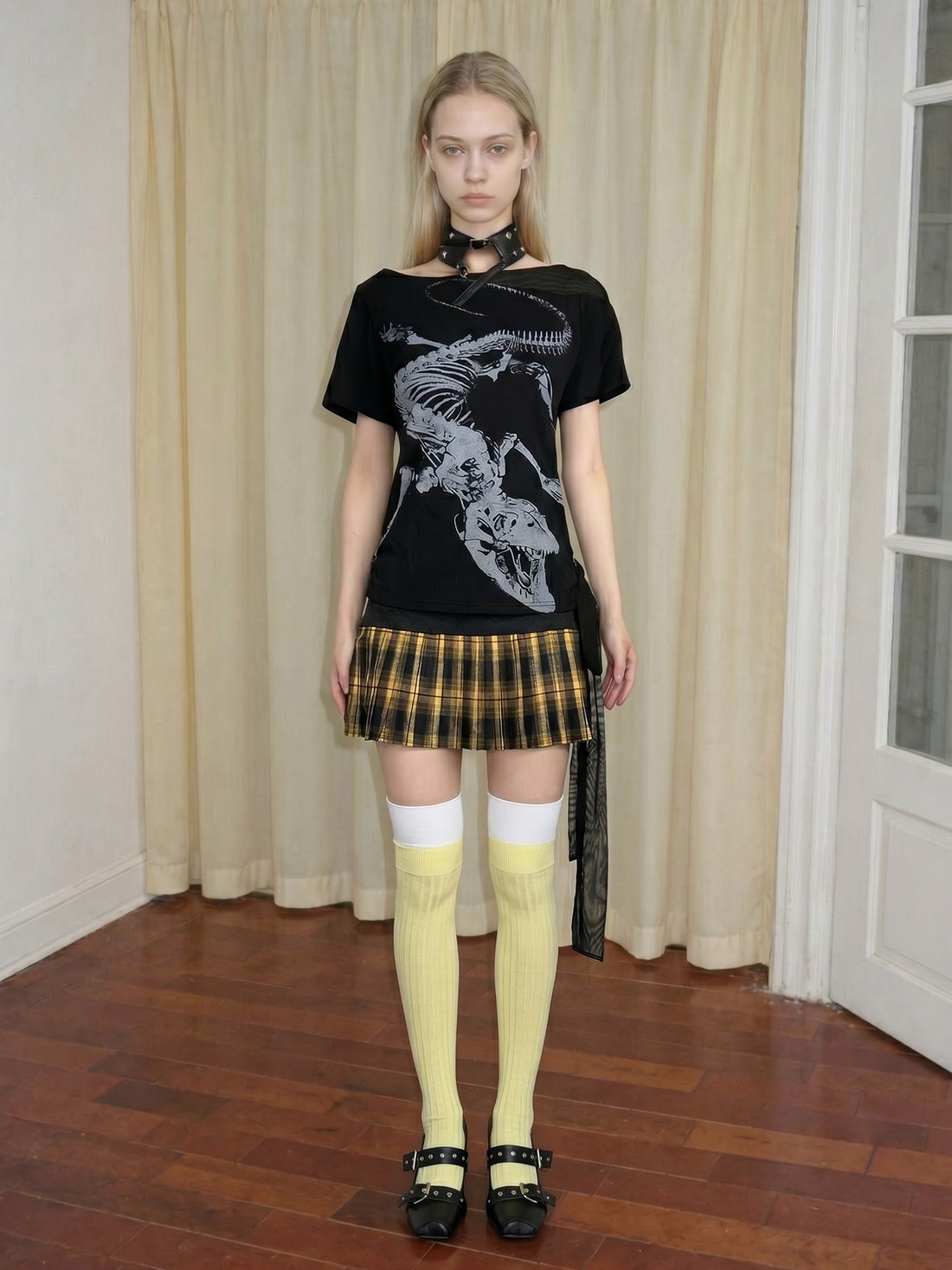 Emoha Black Skull Print Patchwork Lace Up Punk Women&