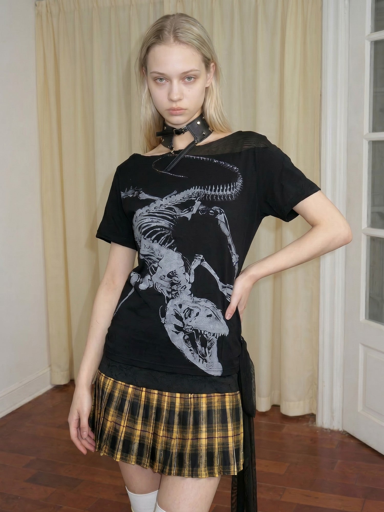Emoha Black Skull Print Patchwork Lace Up Punk Women&