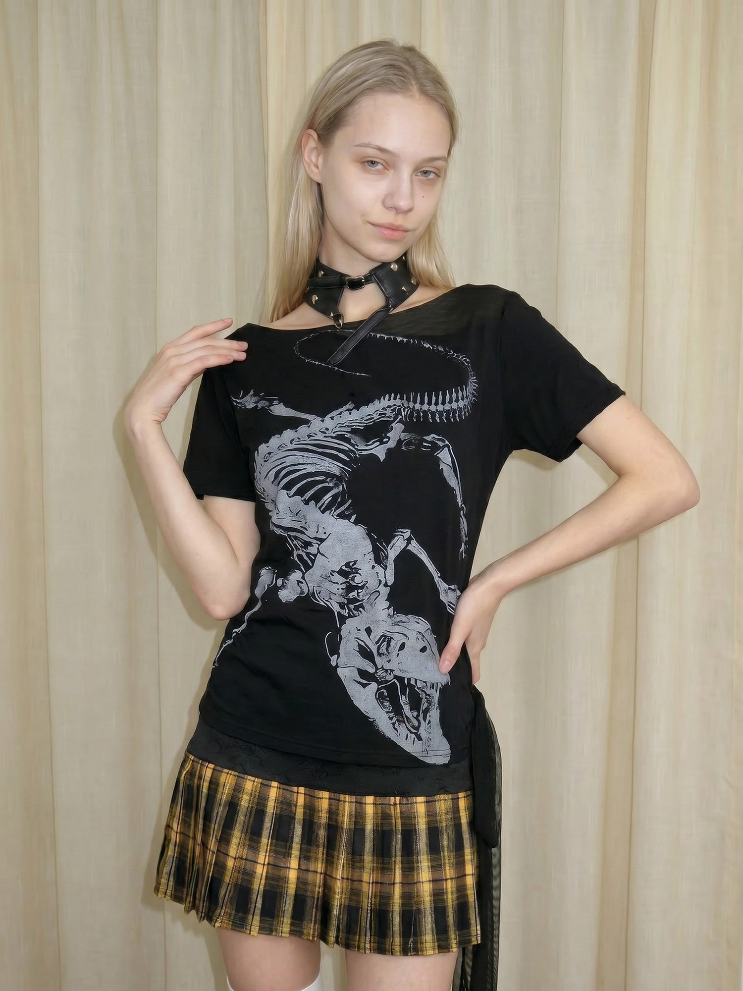 Emoha Black Skull Print Patchwork Lace Up Punk Women&